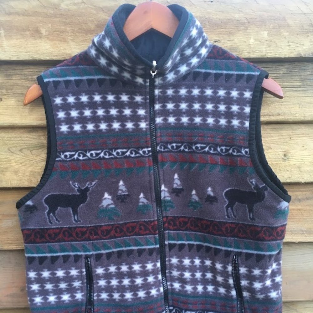 fuda sport gray fleece vest with winter deer tree and fair isle print size s